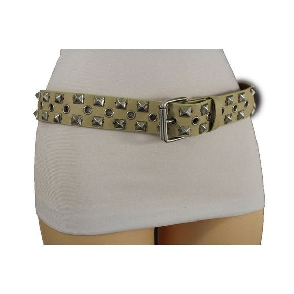 New Women Men Fashion Belt Beige Faux Leather Silver Metal Studs Size S M L XL - Picture 8 of 17